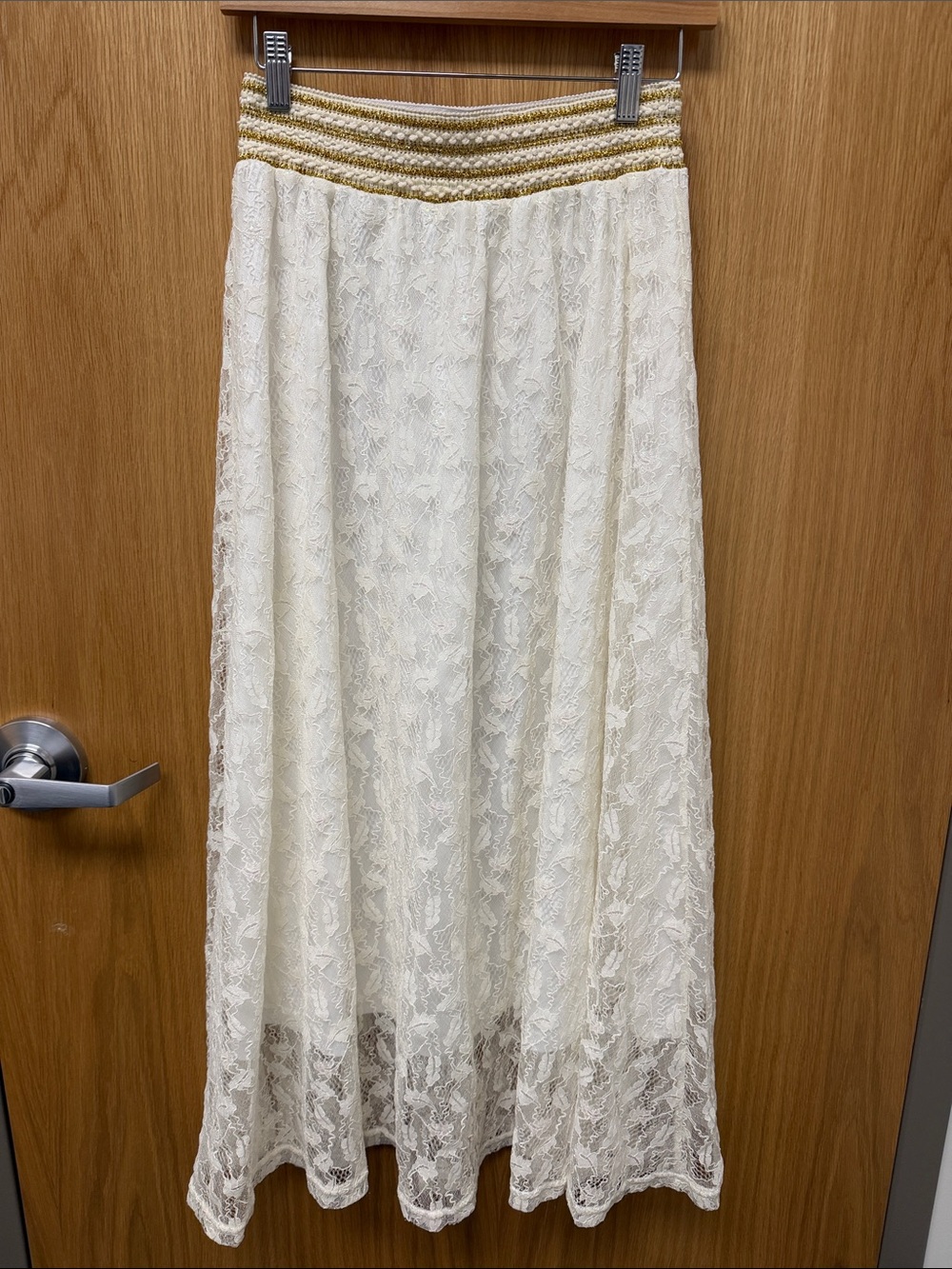 Ivory Iridescent Lace Maxi Skirt with Gold-Trim Waistband Bachelorette Bridal